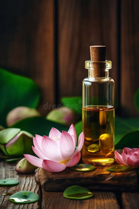 Lotus essential oil in a bottle. Generative AI, stock photography Lotus Essential Oil, Essential Oil Bottles, Oil Bottle, Essential Oil, Stock Photography, Lotus, Essential Oils, Design Inspiration, Spa