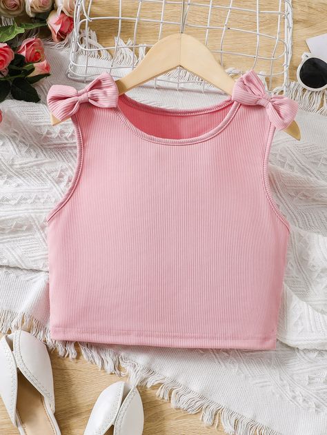 Pink Cute Collar  Knitted Fabric Plain Tank Embellished Slight Stretch,Medium Stretch  Girls Clothing Crop Tank Top, Top Tank, Girls Bows, Girls Jeans, Girls Clothing, Cropped Tank Top, Crop Tank, Kids Dress, Knitted Fabric