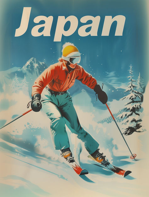 This vintage-style travel poster invites the viewer to the snowy landscapes of Japan, offering a vibrant depiction of a skier in mid-descent. Perfect for ski enthusiasts, lovers of vintage art, or those drawn to the allure of Japanese landscapes, this piece is a statement of both motion and serenity. It's a celebration of winter sports, travel, and the timeless appeal of retro design, making it an ideal addition to any space that seeks to inspire adventure and nostalgia. Retro Skiing, Vintage Ski Posters, Ski Poster, Ski Print, Ski Art, Japanese Travel, Retro Ski, Ski Posters, Cycling Trips