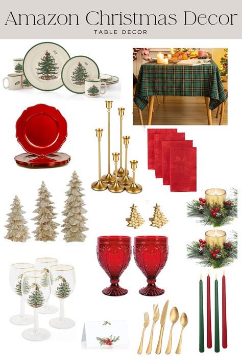 Red and Green Traditional Christmas Tablescape Inspiration Gold Plate Chargers, Traditional Christmas Table, Red Table Settings, Gold Candle Stick Holders, Amazon Christmas Decorations, Plate Chargers, Amazon Christmas, Christmas Tablescape, Spode Christmas Tree