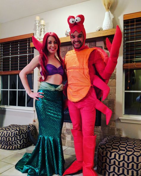 Ariel and Sebastian for Halloween.  #disney #coupleshalloween Ariel And Sebastian Costume, Ariel Couple Costume, Hoco Duos, Ariel And Eric Costume, Ariel And Sebastian, Sebastian Costume, Partner Costumes, Crab Costume, Ariel Sebastian