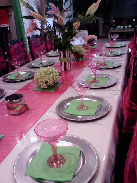 Pink and Green Party Pink And Green Brunch Decor, Green Pink And Gold Birthday Party Decor, Green And Pink Bachelorette Party, Pink And Green Tablescapes, Pink And Green Graduation Party, Pink And Green Bachelorette Party, Pink And Green Decorations Party, Pink And Green Birthday Party, Green And Pink Party