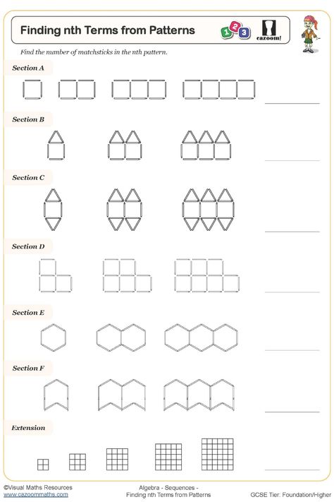 Engage your students with this interactive worksheet focusing on Finding nth Terms from Patterns. Enhance their understanding of arithmetic sequences by challenging them to determine the nth term based on matchstick patterns. The worksheet encourages critical thinking and problem-solving skills while making math more fun and practical for students. Ideal for classroom use or homeschooling, this resource keeps learners motivated and eager to explore the world of mathematics through a creative app Year 9 Maths Worksheets, Ks3 Maths Worksheets, Year 8 Maths Worksheets, Ks1 Maths Worksheets, Year 6 Maths Worksheets, Year 5 Maths Worksheets, Year 2 Maths Worksheets, Year 7 Maths Worksheets, Year 4 Maths Worksheets