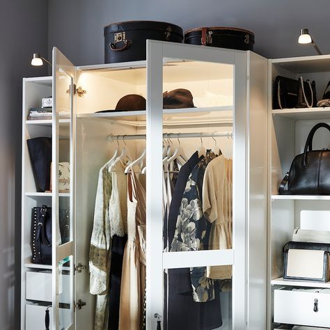 PAX Wardrobe - white, Tyssedal glass - IKEA Armoire Pax, Ikea Pax Closet, Pax Closet, Ikea Canada, Ikea Pax Wardrobe, Brighter Bedroom, Led Cabinet Lighting, Pax Wardrobe, Closet Layout