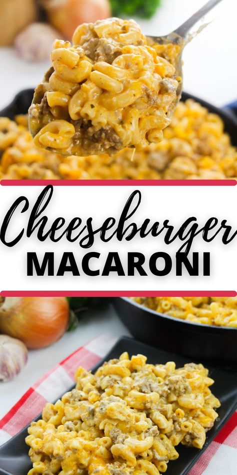 Cheeseburger Macaroni recipes will be approved by even your pickiest eaters. Perfect for hectic weeknights when you want a hearty dinner. Cheesy Beefaroni Recipe, Velveeta Cheeseburger Macaroni, Hamburger Macaroni Recipes, Hamburger And Macaroni Recipes, Pasta And Hamburger Recipes, Beef And Macaroni Recipes, Ground Hamburger Meat Recipes, Meals With Hamburger Meat, Easy Cheeseburger Macaroni