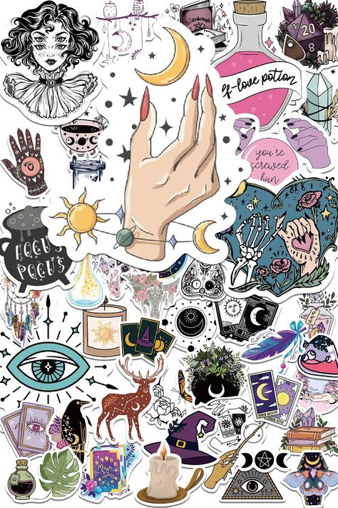 PRICES MAY VARY. 1. 50PCS different and unique cute aesthetic stickers and size from 2 inches to 2.75 inches. They are celestial designed, also some got spooky or hippie style. 2. Waterproof stickers for water bottles, kindles, books, phones, laptops, cars, motorcycles, bicycles, skateboards and any smooth surface you like. 3. These witchy stickers not only easy to peel and stick, but also easy to Celestial Stickers, Cute Aesthetic Stickers, Scrapbook Tips, Witchy Stickers, Aesthetic Branding, Stickers For Water Bottles, Sticker Design Inspiration, Spooky Stickers, Witchy Aesthetic