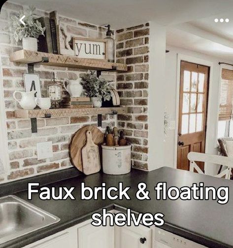 Grey Kitchen Brick Wall, Grey Floating Shelves Kitchen, Brick Wall With Floating Shelves, Faux Brick In Kitchen, Floating Shelves On Brick Wall Kitchen, Brick Coffee Bar, Fake Brick Wall Kitchen, Kitchen Ideas With Floating Shelves, Floating Shelves Above Coffee Bar