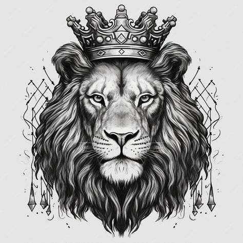 Lion Chest Tattoo Men Design, Lion With Crown Drawing, Lion Wearing Crown, Lion With Crown Tattoo, Lion With A Crown, Lion Chest Tattoo, Lion With Crown, Lion Art Tattoo, Lion Crown