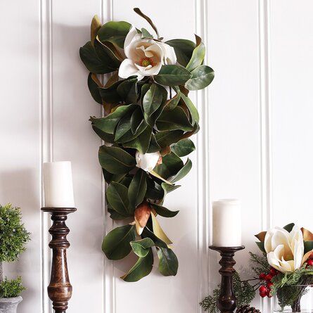 Magnolia Swag Decor, Swag Wreaths For Front Door, Magnolia Leaf Garland, Front Door Swag, Green Front Doors, Door Swag, Eucalyptus Garland, Berry Garland, Magnolia Leaves