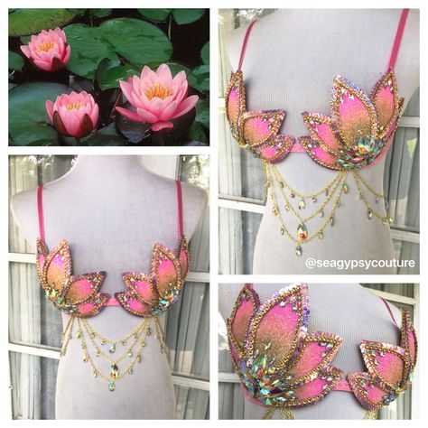 Gilded Lotus Bra - seagypsy couture [formerly whythecagedbirdsingz] - costume… Lotus Outfit, Flower Themed Outfits, Flower Bra, Flower Rave Outfits, Bra Art, Mermaid Bra, Rave Fits, Diy Bra, Rave Costumes