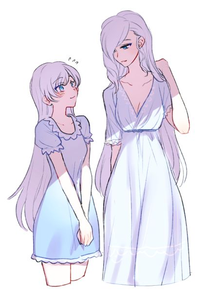 Winter and Weiss pajamas Mother And Daughter Drawing Anime, Mother With Daughter Drawing, Anime Woman With White Hair And Purple Eyes, Anime Mother And Daughter Art, Mother And Daughter Reference, Mother Oc Art, Mother And Daughter Drawing Reference, Anime Mother Oc, Mother And Son Anime