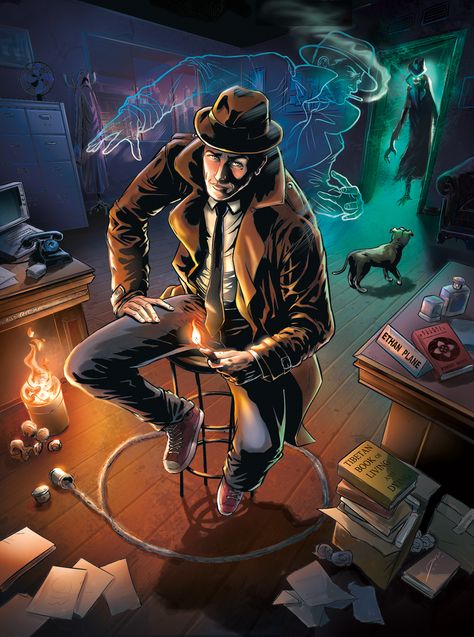 TheProjectionist - A Necropunk Thriller (Comic).  The spirit of a private detective framed-for-murder goes on the run from paranormal cops to prove his innocence. Fantasy Noir, Paranormal Detective, The Projectionist, Sin City Comic, Detective Aesthetic, Fantasy Wizard, Dungeon Master's Guide, Mandala Rock Art, Novel Characters