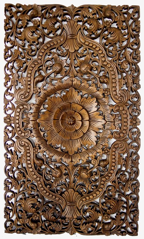 Teak Wood Wall Decor, Dojo Design, Wood Art Panels, Wood Bed Design, Carved Wood Wall Art, Entrance Door Design, Asian Home Decor, Carved Furniture, Wood Carving Designs