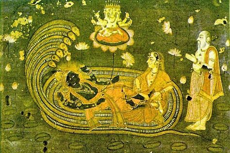 Vishnu's multi-headed cobra bed- looks a lot like the photo-shopped multi-headed cobra I pinned a while ago Vishnu Avataras, Yoga Sutras, Creation Myth, Thiruvananthapuram, Hindu Mythology, Hindu Festivals, Ancient India, Lord Vishnu, 4 Months