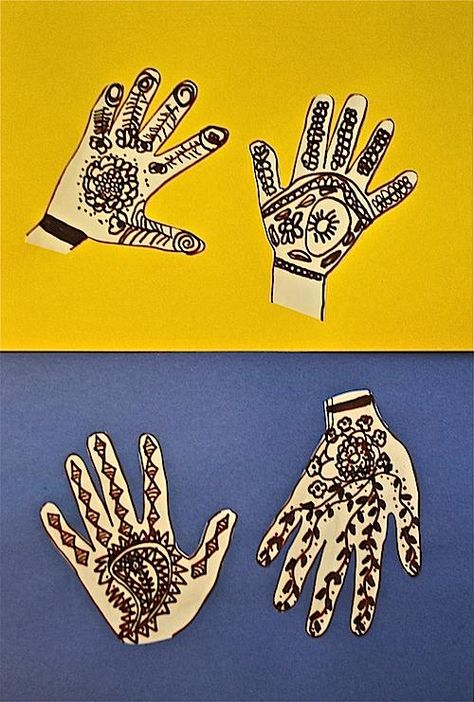 Multicultural Art Project: "Henna Hands" teaches kids about the use of henna, a traditional art form that has been practiced in India, areas of the Middle east, and parts of Africa for hundreds of years. Hand Art Projects, Multicultural Crafts, Multicultural Activities, Hand Kunst, Henna Hands, India Crafts, Cultural Crafts, Japanese Tattoos, Indian Crafts