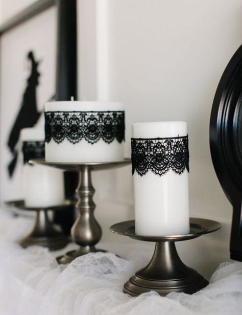 Lace Candles, Diy Halloween Party, Classy Halloween, Casa Halloween, White Pillar Candles, Halloween Mantel, Halloween Candles, Halloween 2020, First Halloween