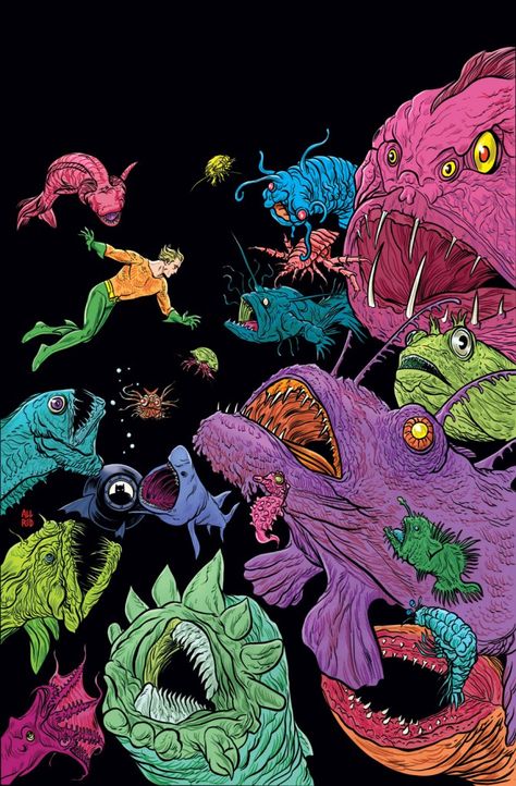 The incredible biodiversity of Aquaman’s variant cover. What truly amazing about this cover is that each one of these animals is a real living denizen of the deep right here, on Earth Prime. Aquaman Artwork, Kenneth Rocafort, Mike Allred, Best Comic Books, I Am Batman, Univers Dc, Best Superhero, Variant Covers, Black Canary