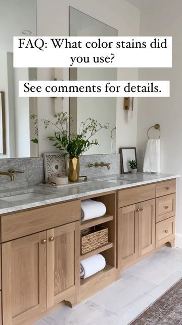 White Oak Wood Cabinets Kitchen, Oak Master Bath Vanity, Bathroom Vanity Stained Wood, Teak Wood Bathroom Cabinets, Bathroom Vanity Stained, Vanity Stain Colors, White Oak Cabinet Bathroom, Bathroom Vanity Stain Colors, Master Bath Stained Cabinets