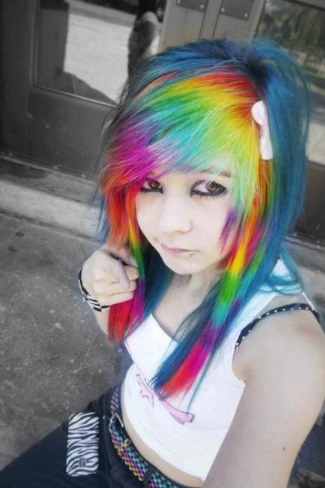 Emo Hair Color, Scene Girl Hair, Scene Girl Fashion, Rainbow Hair Color Ideas, Don Pollo, Scene Makeup, Emo Scene Hair, Rainbow Hair Color, Scene Queens