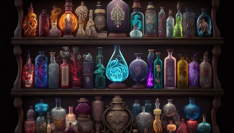 Magical Equipment, Potion Shelf, Alchemy Shop Fantasy Art, Potion Shop Art, Alchemy Laboratory Fantasy Art, Potions Fantasy Art, Fantasy Potion Shop Concept Art, Magic Props, Abstract Painting Acrylic Modern