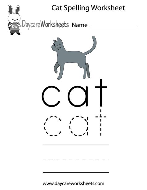 Learn and practice how to spell the word cat using this printable preschool worksheet. Kindergarten Spelling, Preschool Weekly Lesson Plans, Printable Worksheets For Kindergarten, English Worksheets For Kindergarten, Word Cat, Nursery Book, Teaching Sight Words, Preschool Tracing, Teaching Spelling