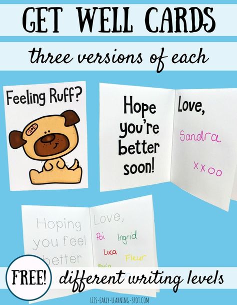 Where are the Get Well cards when you need them? If you ever want your kids to write get well cards, why not keep these filed away so they're ready to go when the time comes? Four cards to choose from Feeling ruff? Hope you're better soon. Get well soon. Miss you! Hang in there! Get Well Cards For Kids, Free Get Well Cards, Counselling Activities, Free Educational Printables, Get Well Wishes, Free Printable Cards, Teaching Time, Printables Free Kids, Alphabet Activities Preschool