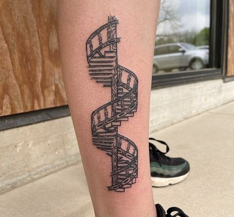 Staircase Tattoo Design, Spiral Staircase Tattoo, Spiral Staircase Drawing, Staircase Tattoo, Practice Tattoos, Tattoo House, Art Inspired Tattoos, Doodle Journal, Tattoo Dark