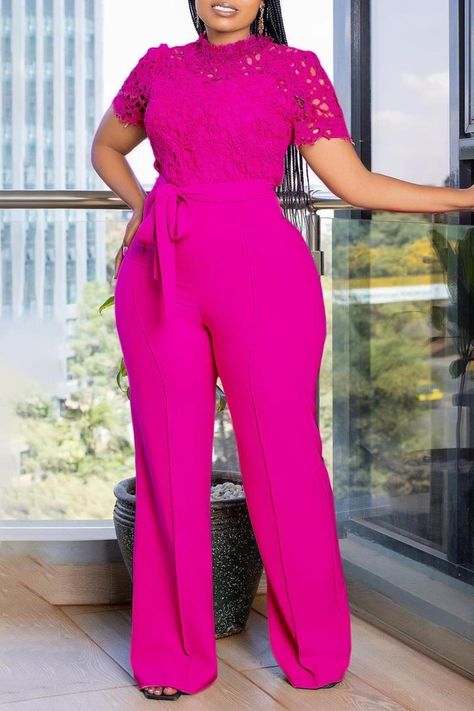 Pink Lace Jumpsuit, Hot Pink Jumpsuit, Luxury Birthday Party, Dinner Party Outfits, Luxury Birthday, Dinner Outfit, Jumpsuit Elegant, Party Dinner, Lace Jumpsuit