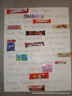 Teacher Appreciation Week Gift Ideas - Making Memories With Your Kids Candy Bar Poster, Candy Bar Posters, Teachers Appreciation Week Gifts, Candy Board, Candy Grams, Candy Poster, Secret Pal, Candy Cards, Staff Appreciation