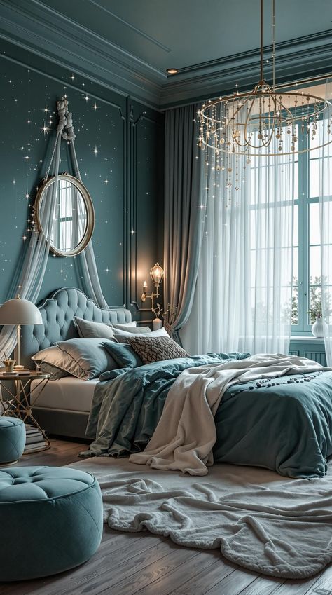 Dark Teal Bedroom Teal And Wood Bedroom, Deep Teal Bedroom, Black And Teal Bedroom, Teal Color Palette Bedroom, Dark Teal Bedroom Ideas, Dark Teal Bedroom, Teal Bedroom Ideas, Bedroom Teal, Teal Bedroom