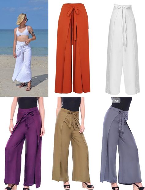 Palazzo Beach Pants, Wrap Trousers Outfit, Plazo Designs, Wrap Pant, Wrap Trousers, Split Pants, Pants Boho, Trouser Outfit, Pant Women