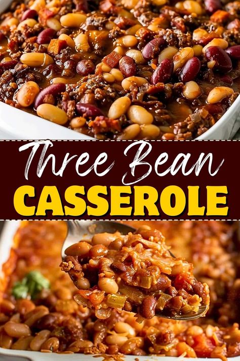 This three-bean casserole is perfect for any gathering! Packed with beans, ground beef, and bacon in a tangy sauce, it's so tasty and satisfying! Bean Casserole Recipes Easy, Three Bean Casserole, Ground Beef And Bacon, Baked Bean Casserole, Bacon Casserole, Savory Sides, Pork N Beans, Hearty Casseroles, American Recipes