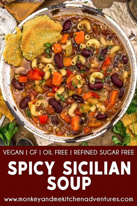 This flavorful, easy, and wholesome oil-free Spicy Sicilian Soup is a vegan nod to the popular Carrabba’s Spicy Sicilian Chicken Soup. #wholefoodplantbased #vegan #oilfree #glutenfree #plantbased | monkeyandmekitchenadventures.com Sicilian Soup, Sicilian Chicken Soup, Sicilian Chicken, Sebi Recipes, Spicy Chicken Soup, Monkey And Me Kitchen Adventures, Monkey And Me, Beverage Ideas, Italian Diet