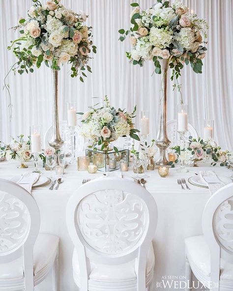 Imagine your wedding. White on white with a touch of blush, and the hint of butterflies fluttering on each place setting, where every guest is created with a personal cake place card. Sounds heavenly doesn’t it? This was our inspiration for this photogr Moss Photography, Tall Wedding Centerpieces, Flowers And Greenery, Dream Photography, Wedding Floral Centerpieces, Flower Centerpieces Wedding, Wedding Table Decorations, Wedding Arrangements, Wedding Flower Arrangements