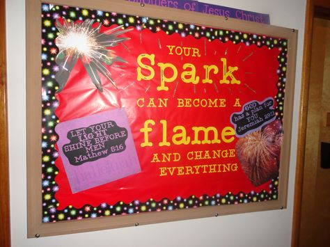 This is a great idea for promoting ministry Awana Activities, Camping Bulletin Boards, Awana Sparks, Fire Theme, Kids Bulletin Boards, Sunday School Classroom, Spring Bulletin Boards, Church Bulletin Boards, Church Bulletin