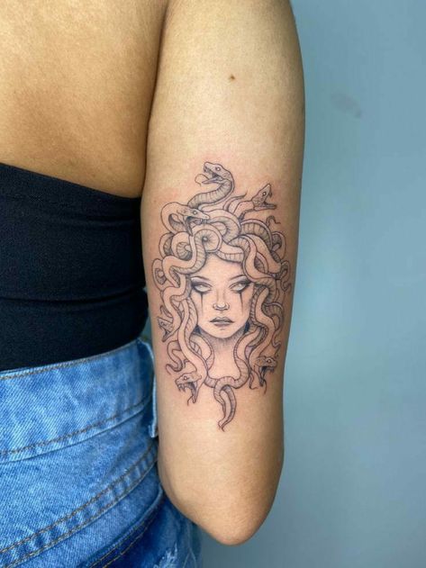 Arm Tattoos For Women Medusa, Medusa Tattoo Shoulder Women, Medusa Shoulder Tattoos For Women, Medusa Tattoo Placement, Tattoo Ideas Female Medusa, Medusa Tattoo On Arm, Medusa Tattoo Fine Line, Medusa Shoulder Tattoo, Medusa Tattoo Forearm