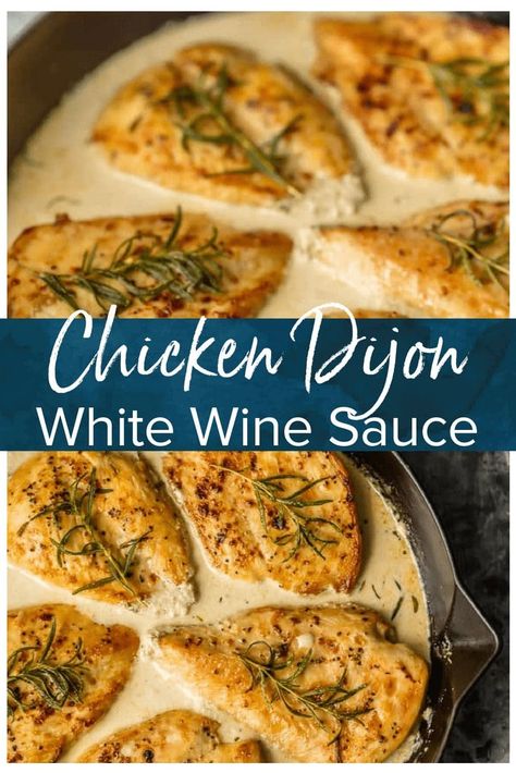 Chicken Dijon with White Wine Sauce is an easy ONE PAN meal with so much flavor! The Dijon Chicken in white win sauce is so juicy and moist and smothered in the most amazing sauce. Nothing is better than White Wine Chicken with Dijon. White Wine Recipes Cooking, Chicken In Wine Sauce, Chicken Dijon, Chicken White Wine Sauce, White Wine Sauce Recipes, White Wine Recipes, White Wine Chicken, Wine Chicken, Fit Meals