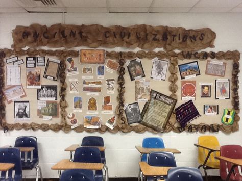 I finally finished it!!!! My 12' long bulletin board of 1st quarter 8th grade world history .... American History Classroom Decor, Middle School History Classroom, Texas History Classroom, History Bulletin Boards, History Classroom Decorations, High School History Classroom, American History Classroom, World History Classroom, Ancient World History