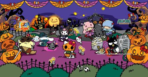 Kuromi Halloween Wallpaper Desktop, Spooky Sanrio, Hello Kitty Halloween Wallpaper, Sanrio Halloween, Halloween Desktop Wallpaper, Halloween Hello Kitty, Fb Banner, Cute Laptop Wallpaper, Kitty Art