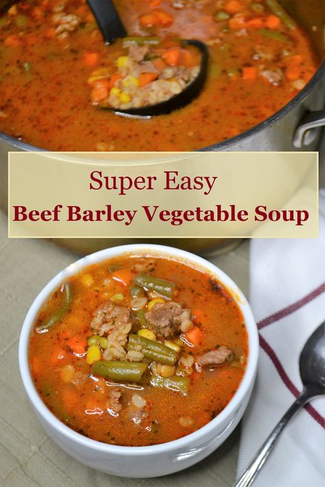 Old fashioned Beef Vegetable Soup with Barley is pantry friendly comfort food. It's loaded with tender beef, barley and frozen vegetables. Spicy Lentil Soup, Beef Barley, Pea And Ham Soup, Beef Barley Soup, Beef Steak Recipes, Hearty Comfort Food, Vegetable Beef Soup, Dairy Free Dinner, Barley Soup