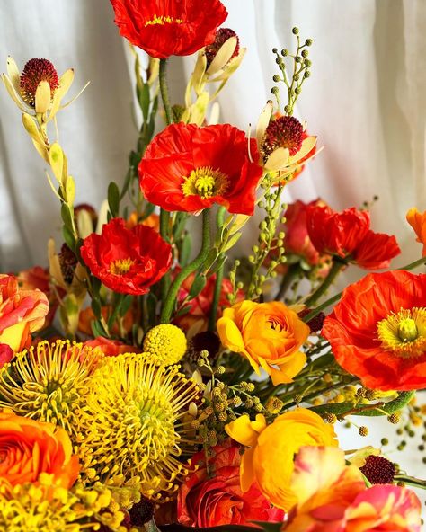 Wow, look at those stunning reds, yellows, and oranges! This sweet summer arrangement is crafted by @waywardgreensfloraldesign. What a gorgeous design!   We'd love to be tagged in YOUR next floral creation! Red And Yellow Flowers, Altar Flowers, Flower Arranging, Sweet Summer, Red And Yellow, Orange Flowers, Green Flowers, Gorgeous Design, Yellow Floral