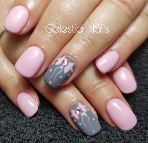 Acrylic Infill with a free hand design of #pintrest from the client, super cute 💗💅 #celestialnails #nailtech #nofilters #acrylic #infill #acrylicdesign #enhancements #nofilters #pink #babypink #grey #bow #swarovski #freehand #nailart #art #gelpolish #bluesky #picsart #insta #nailsofinstagram #nails #calne #calnenails Pink And Grey Nail Art, Pink Gray Nails Design, Nail Designs Grey And Pink, Grey And Pink Gel Nail Designs, Pink And Grey Nails Designs, Pink N Grey Nails, Pink And Gray Nails, Grey And Pink Nails, Pink And Grey Nails