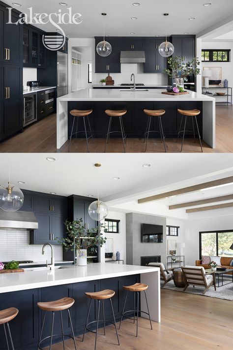 This large black and white kitchen opens up into a modern, sleek living room. Open Concept Kitchen Living Room, Open Plan Kitchen Dining Living, Open Kitchen And Living Room, Bloxburg Modern, Open Plan Kitchen Dining, Open Plan Kitchen Living Room, Kabinet Dapur, Modern Kitchen Design Open Concept, Kitchen Dining Living