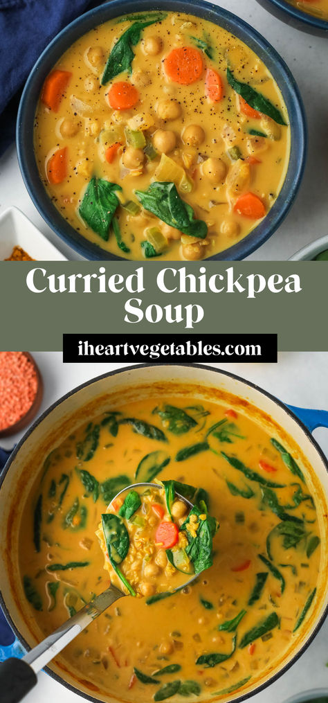 #ad This curried chickpea soup is cozy and delicious, loaded with flavorful spices like ginger, turmeric, and curry powder. Made with red lentils and creamy coconut milk, this soup is so tasty! I’m partnering with Patient First to help you add healthy spices to your meals! Curried Chickpea Soup, Carrot Ginger Curry Soup, Ayurvedic Soup Recipes, Chickpea Curry Soup, Vegan Curry Soup, Turmeric Soups, Turmeric Chickpeas, Recipes With Ginger, Autumn Vegetable Soup