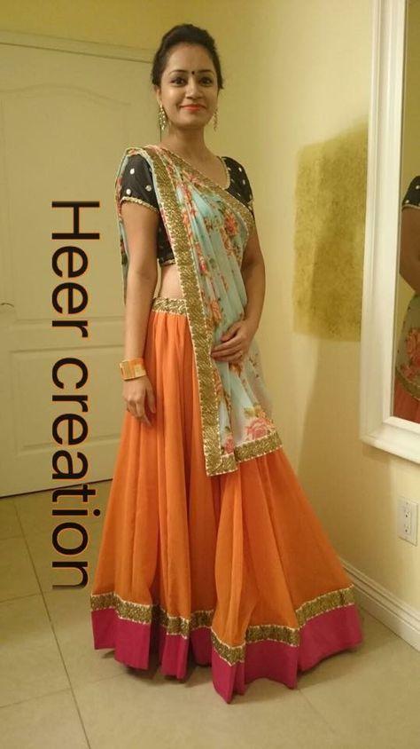 Different colour palette combined together nicely Garba Dress, Choli Dress, Lehenga Blouse Designs, Indian Bridal Lehenga, Sari Dress, Choli Designs, Indian Gowns, Lehenga Saree, Indian Designer Outfits