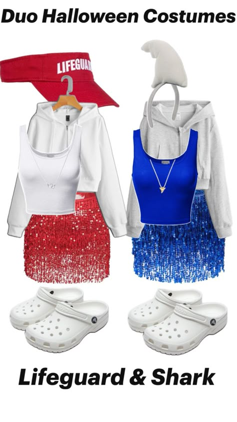 Lifeguard Halloween, Lifeguard Outfit, Halloween Costumes Duo, Lifeguard Costume, Shark Halloween Costume, Cute Group Halloween Costumes, Shark Costumes, Duo Costumes, Trio Halloween Costumes