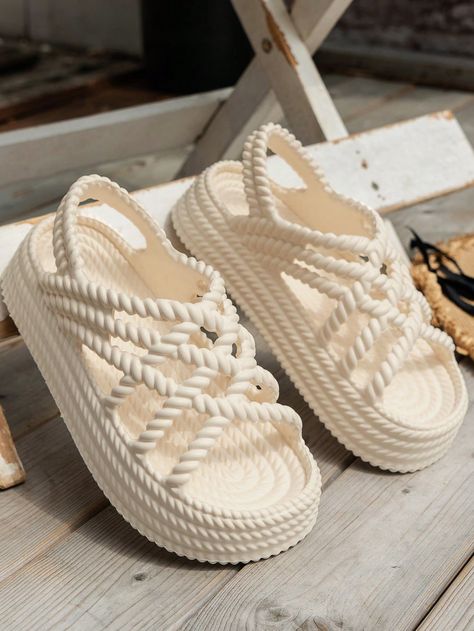 Vacation White Sandals For Women, Minimalist Braided Detail Flatform Slingback Sandals Heels Slippers, Creative Styling, Dress Book, White Beach, Heel Slippers, Girly Shoes, Slingback Sandals, Stylish Dress Book, White Sandals