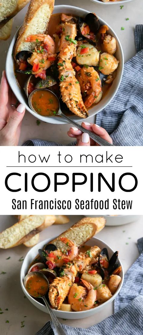 Crab Cioppino Recipe San Francisco, Crab Cioppino, Italian Seafood Stew, Cioppino Recipe, Seafood Stew Recipes, Fish Stew Recipes, Vegan Chipotle, Delicious Seafood Recipes, Seafood Stew