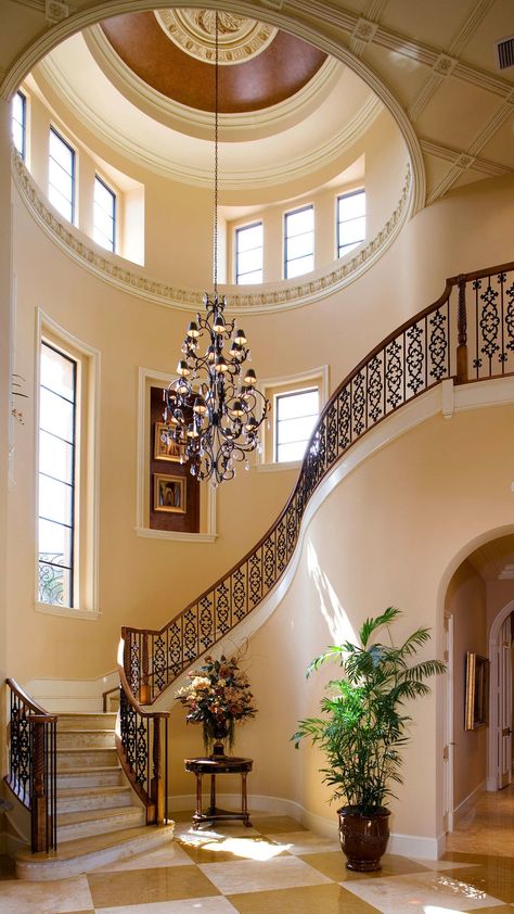 Big Staircase, Stairs Tiles Design, Big Cottages, Luxury Staircase, House Plans Mansion, Minds Eye, Wedding Stories, Curved Staircase, Grand Homes