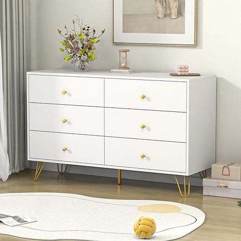 Amazon.com: Tradare White Dresser for Bedroom, 6 Drawer Wood Double Dresser with Golden Handles, Modern Storage Organizer Chest of Drawers for Entryway, Hallway : Home & Kitchen White And Gold Dresser, Drawer Chest Bedroom, Bedroom Drawer Organizer, Chest Bedroom, White Chest Of Drawers, Large Dresser, Gold Dresser, Bedroom Chest Of Drawers, Dresser For Bedroom